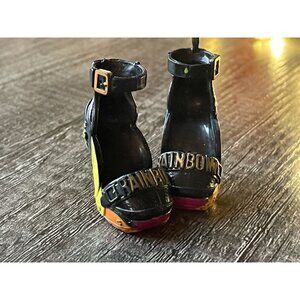 Rainbow High Ainsley Slater Trunk Show Heels - Black Gold "RAINBOW" Logo Sandals